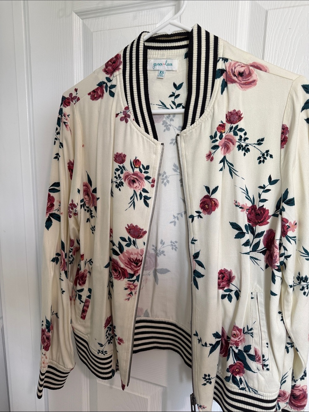 Grace & Lace Cream Floral Bomber Jacket with Pink Rose Print